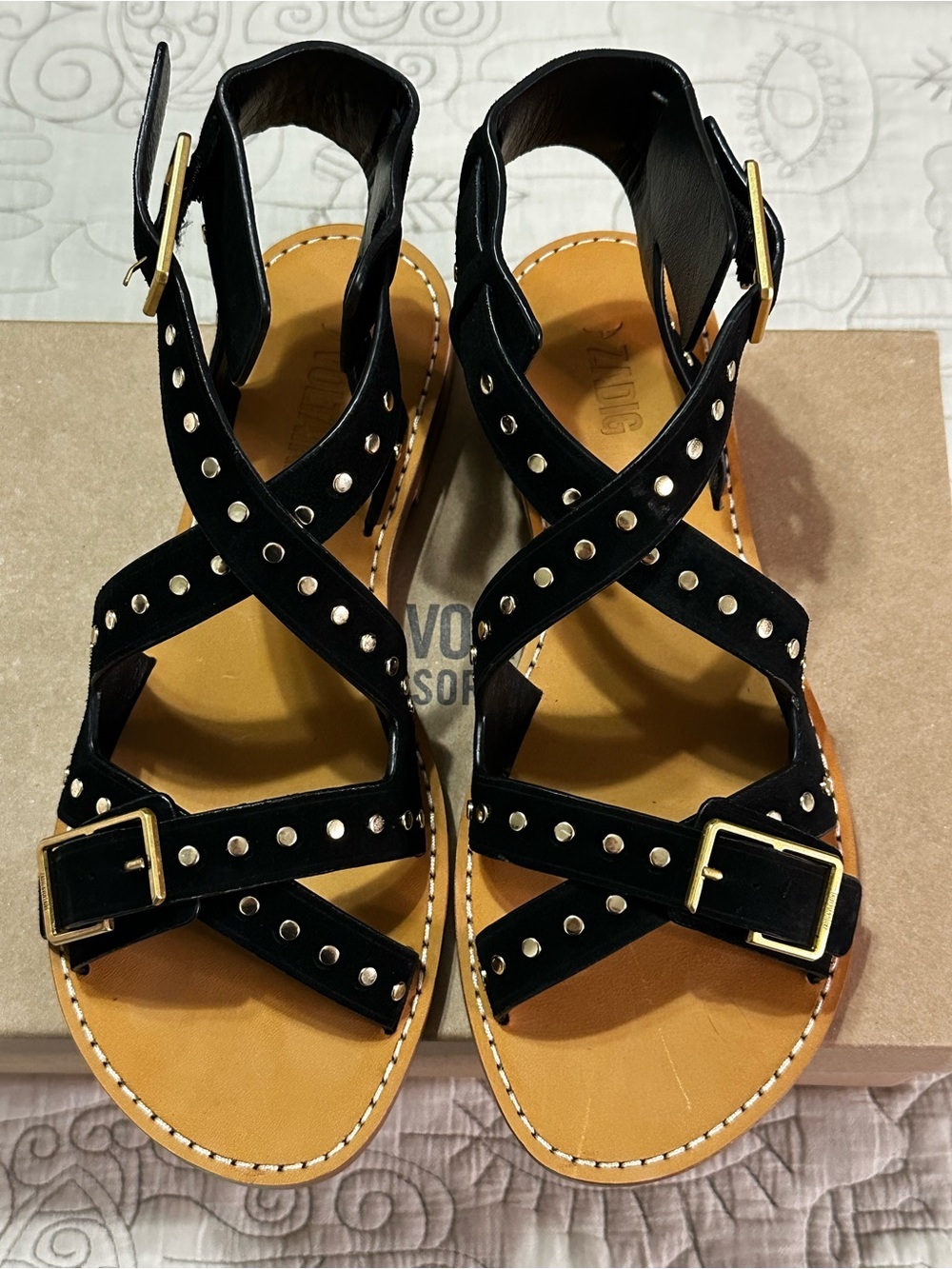 Zadig & Voltaire Cecilia Caprese Gold Studded Suede Sandals Noir EU 38/US 7 NWT